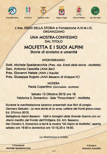13 OTTOBRE,ore 18, presso la Fabbrica S. Domenico, convegno - mostra dedicato alla figura degli alpini molfettesi a cura degli ''Eredi della storia''